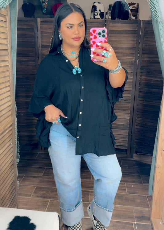 Black Flowy Button Up Top *VERY OVERSIZED