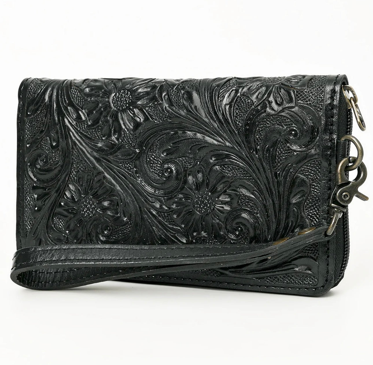 AD Black Tooled Zipper Wallet
