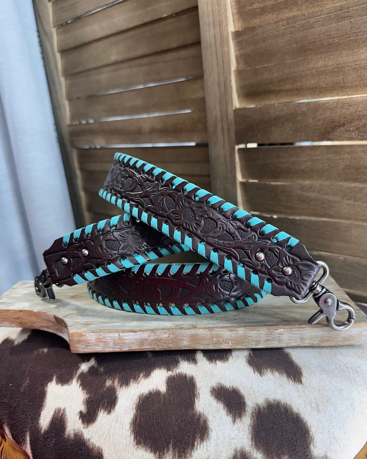 40” Coffee Turquoise Tooled Bag Strap 1.5”