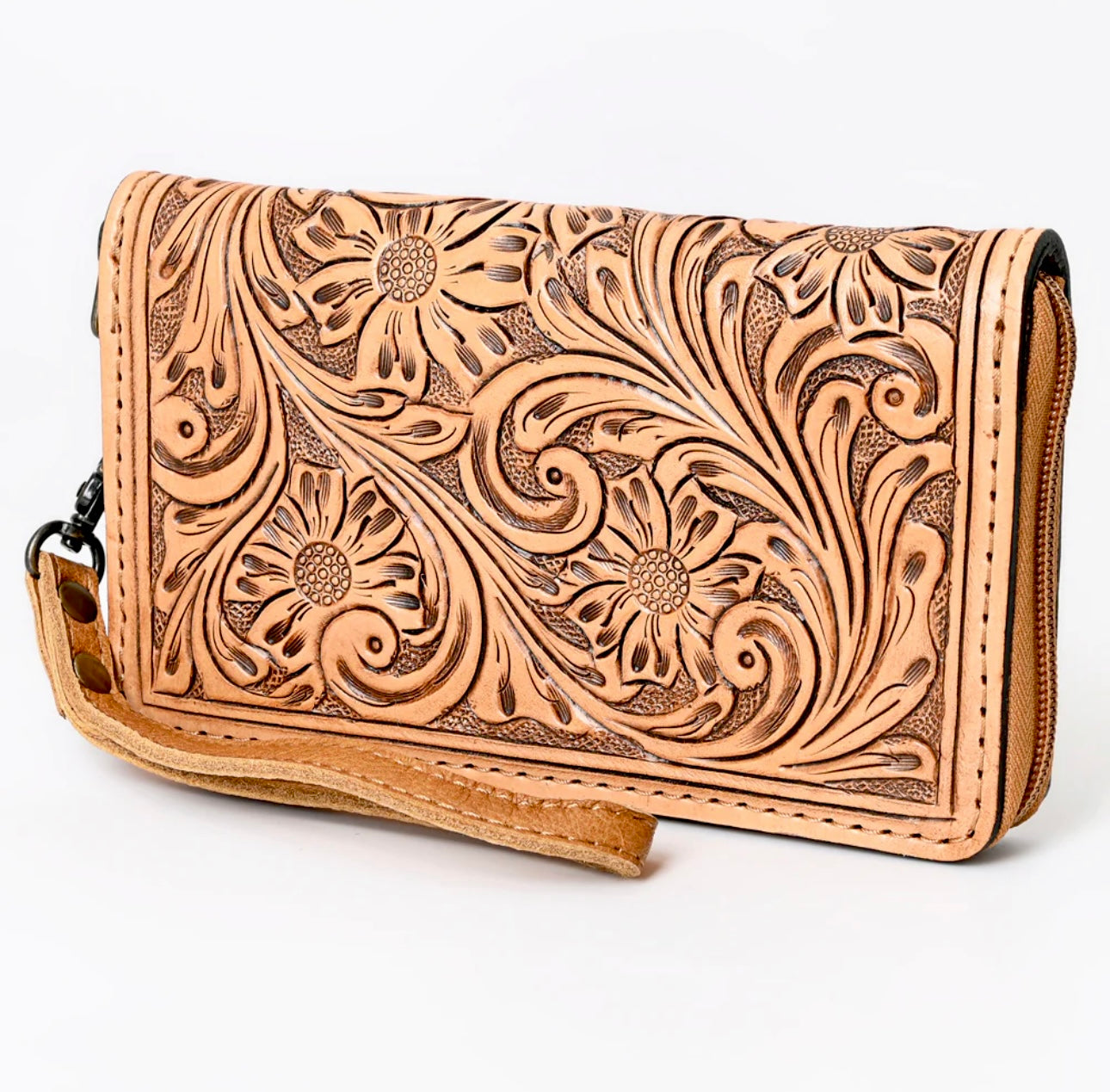 Brown Tooled Zipper Wallet