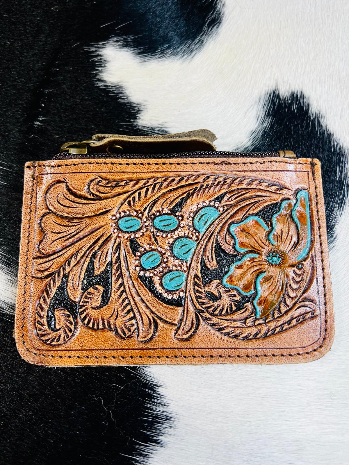Tooled Turquoise Cowhide Coin Wrislet