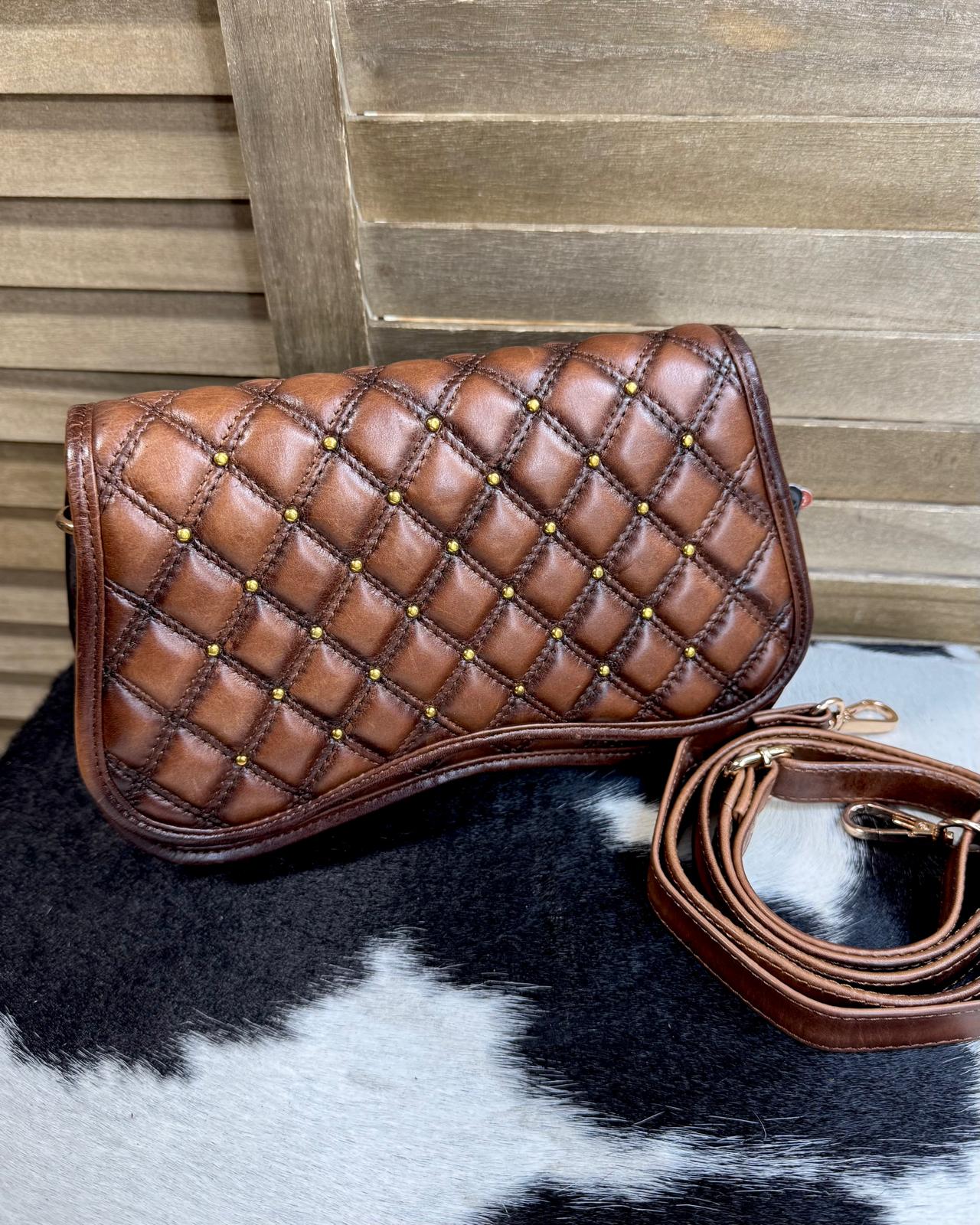 Quilted Brown Studded Crossbody