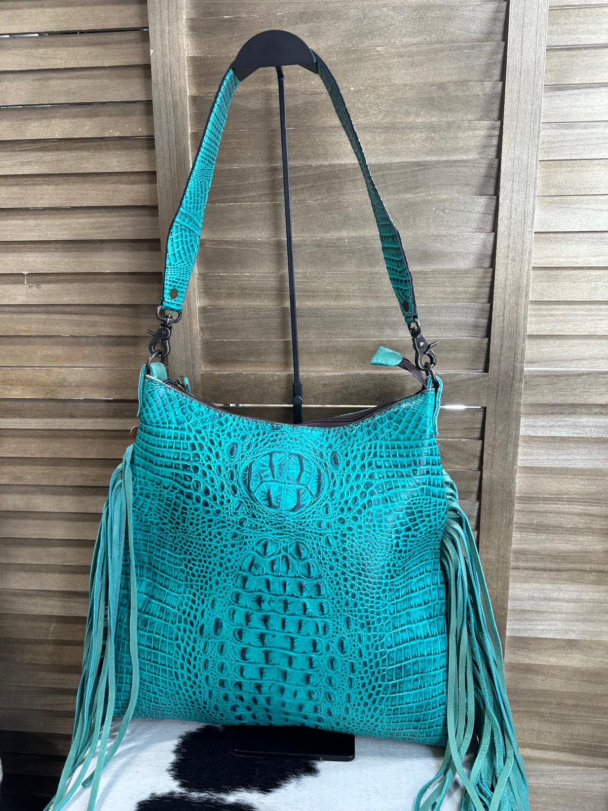 Turquoise Caiman Fringe Shoulder Bag