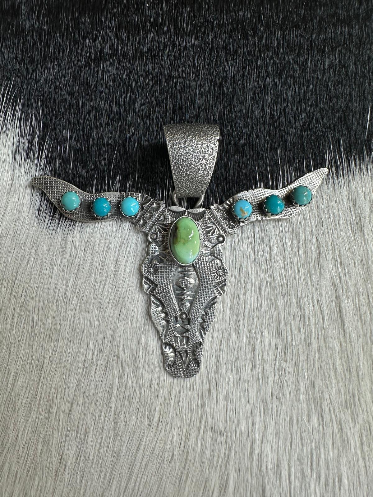Leroy James Sterling Longhorn Multi Turquoise Pendant *Native