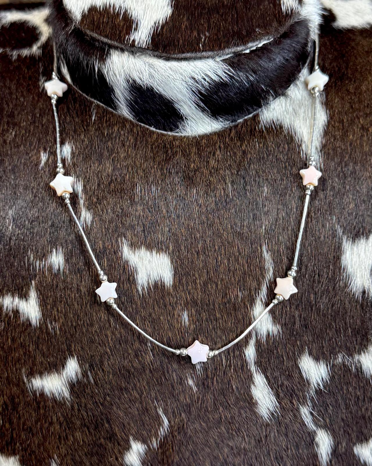 Liquid Silver Multi Star Pink Conch Necklace