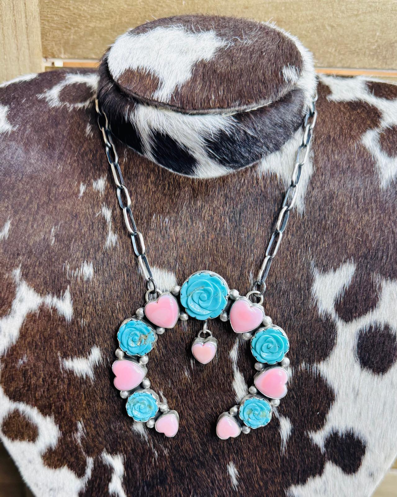 Turquoise & Conch Rose Heart Naja Necklace *Native