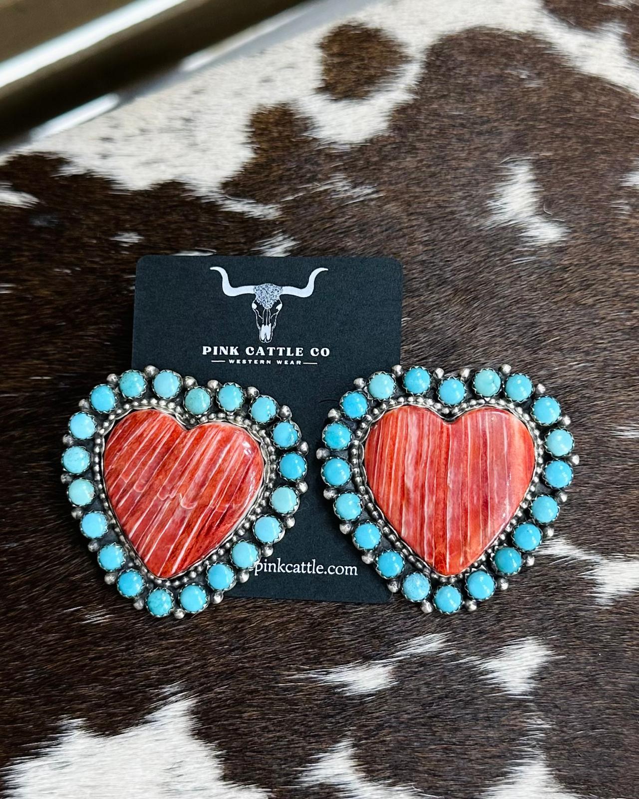 Turquoise & Spiny Oyster Heart Earrings *Native