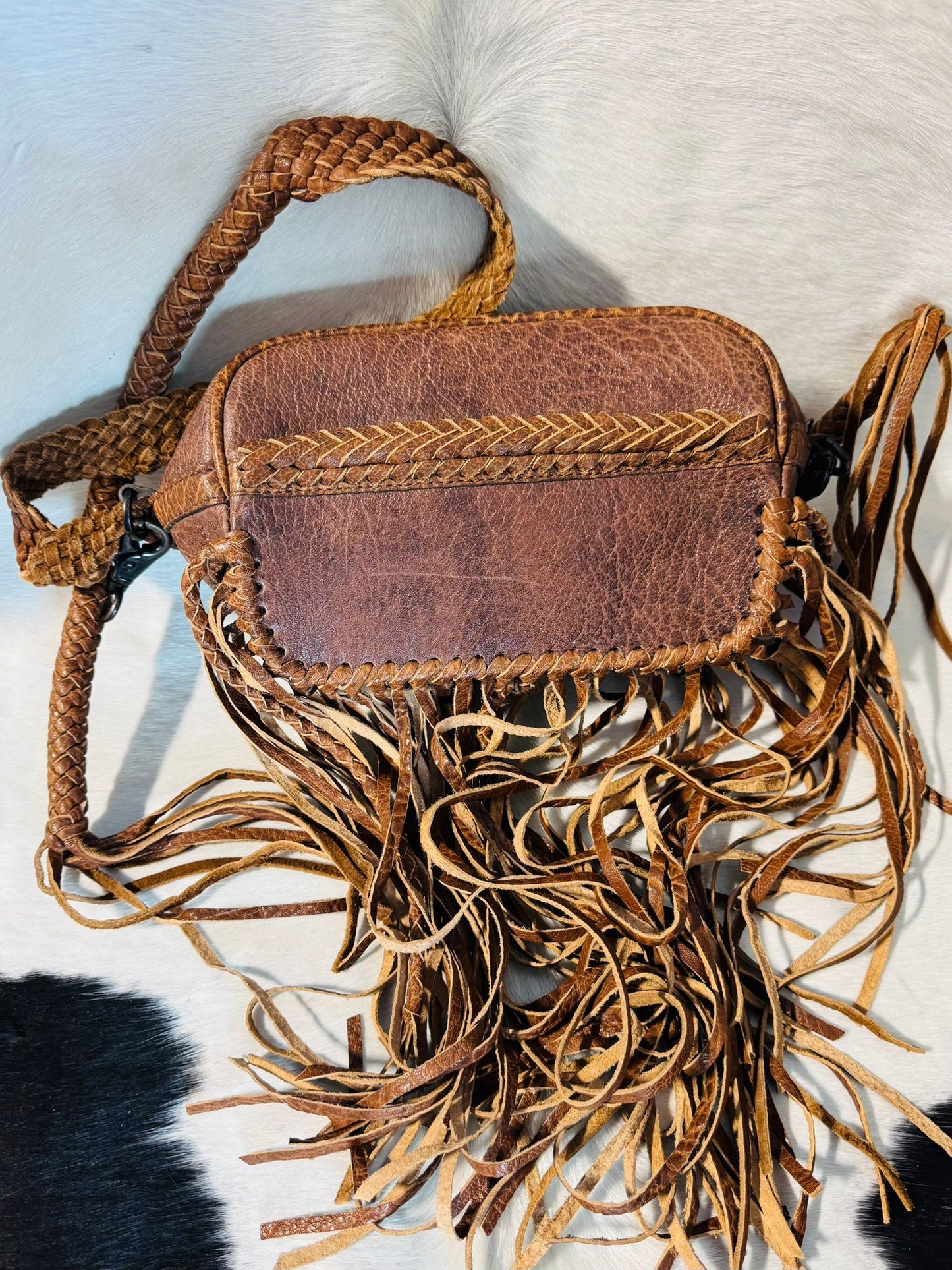 Brown Braided Leather Fringe Crossbody