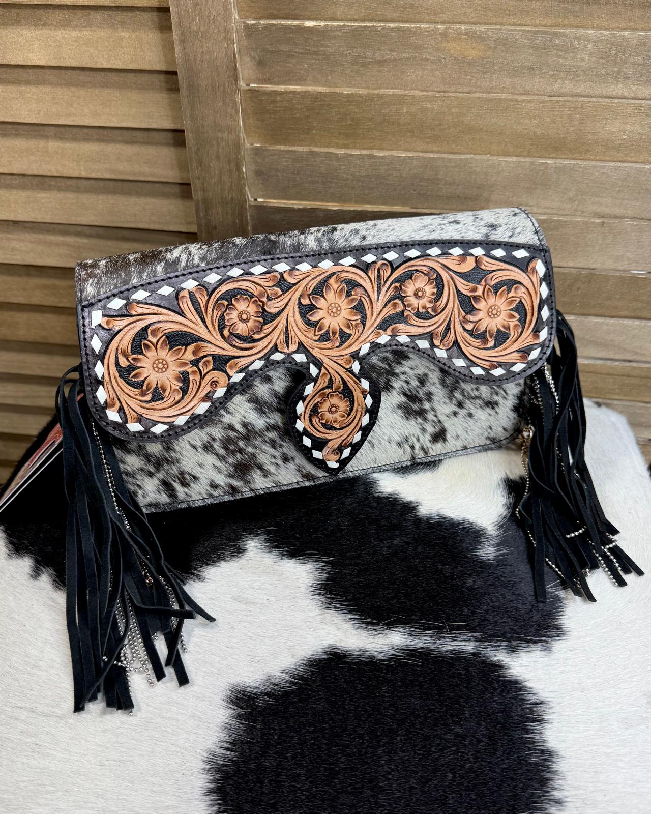 Cowhide Tooled Flap Crossbody