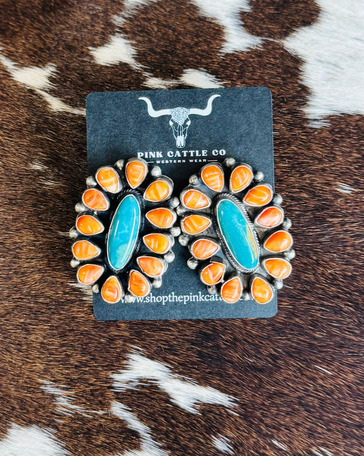 Orange Spiny & Kingman Oval Cluster Earring *Native