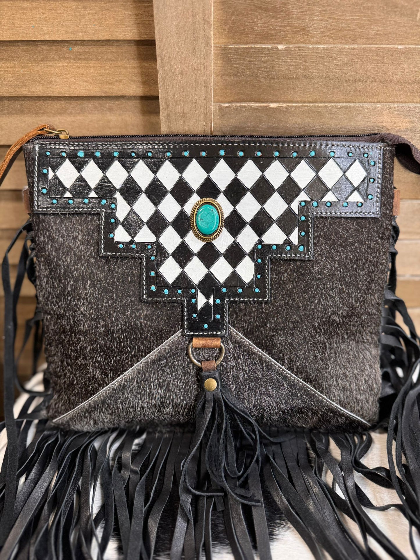 Checkered Cowhide Turquoise Stone Crossbody
