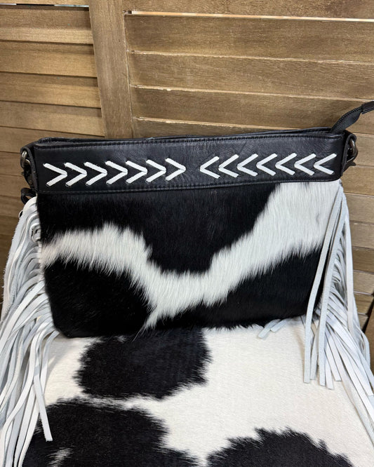 Black & White Cowhide Fringe Crossbody