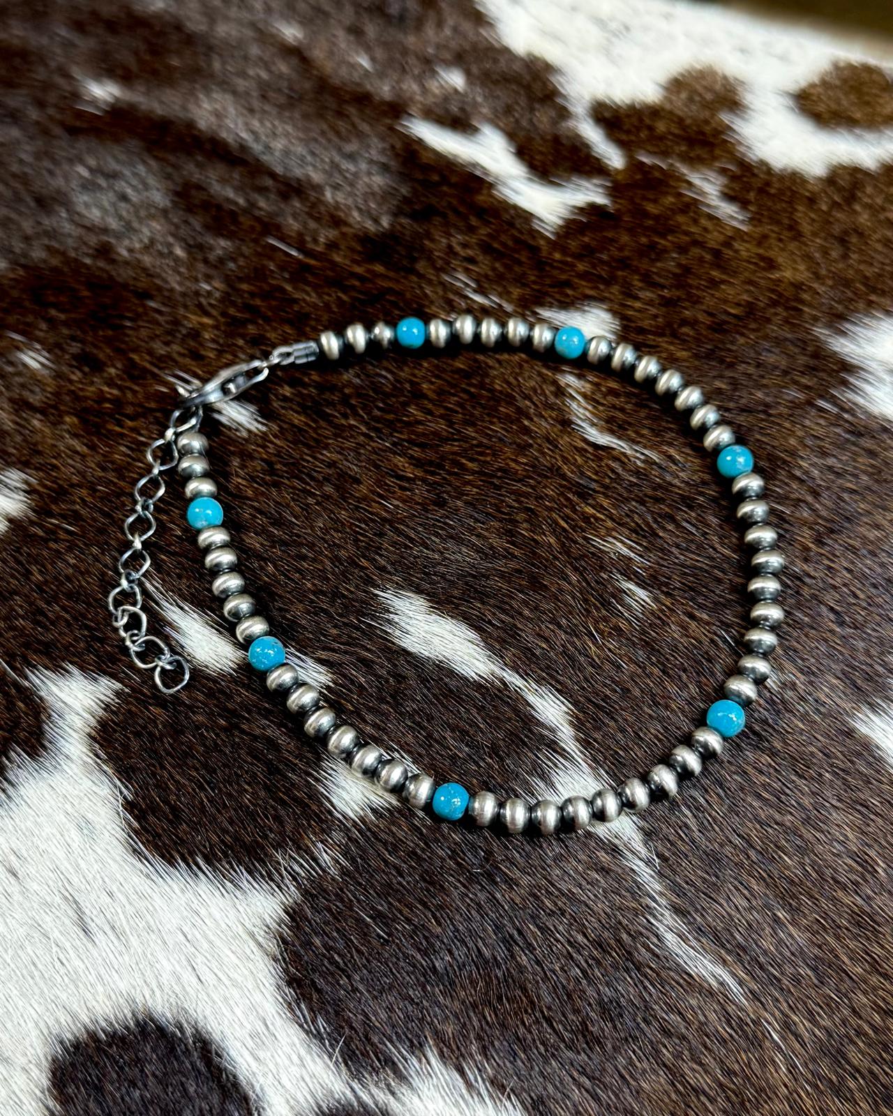 Turquoise Sterling Pearl Anklet *8”+2” ext.