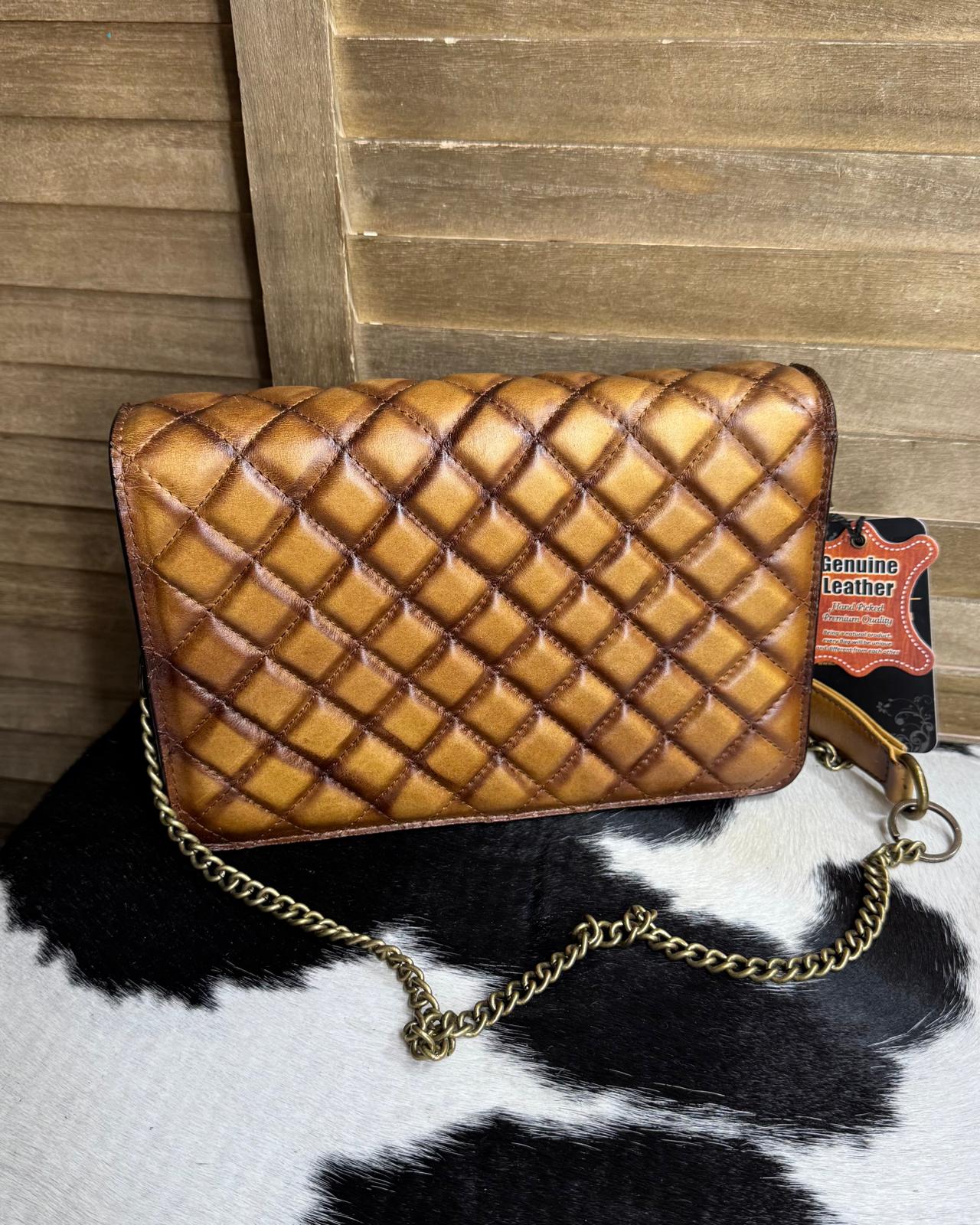 Brown Quilted AD Chain Crossbody