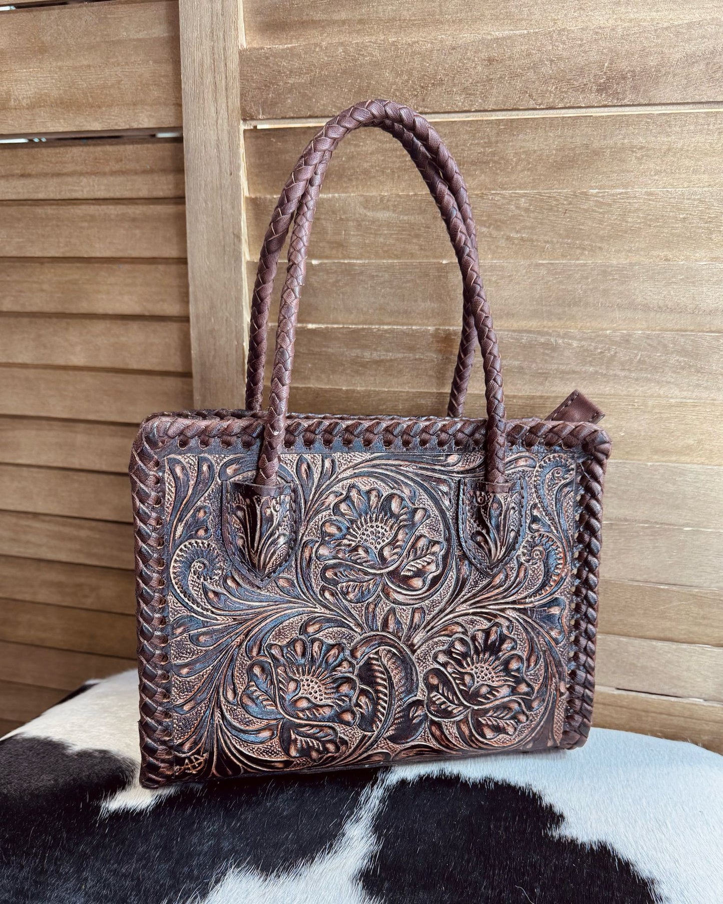 Dark Brown Tooled Hand Bag & Crossbody