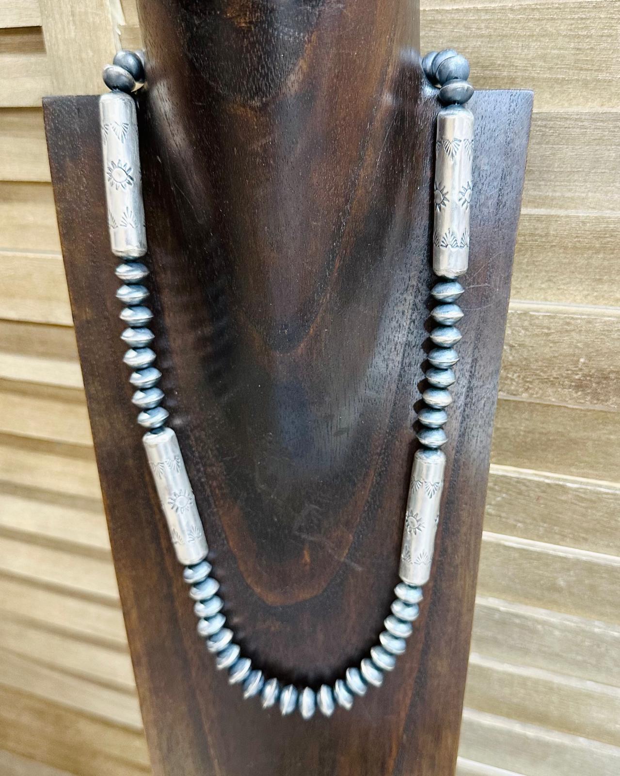 28" Sharon Cooley Silver Barrel & Saucer Bead Necklace