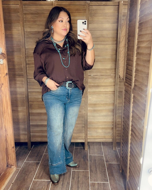 Chocolate Satin High Low Button Up