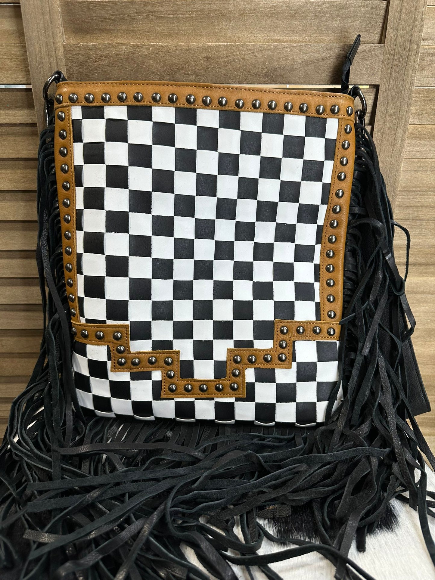 AD Checkered Studded Messenger Crossbody