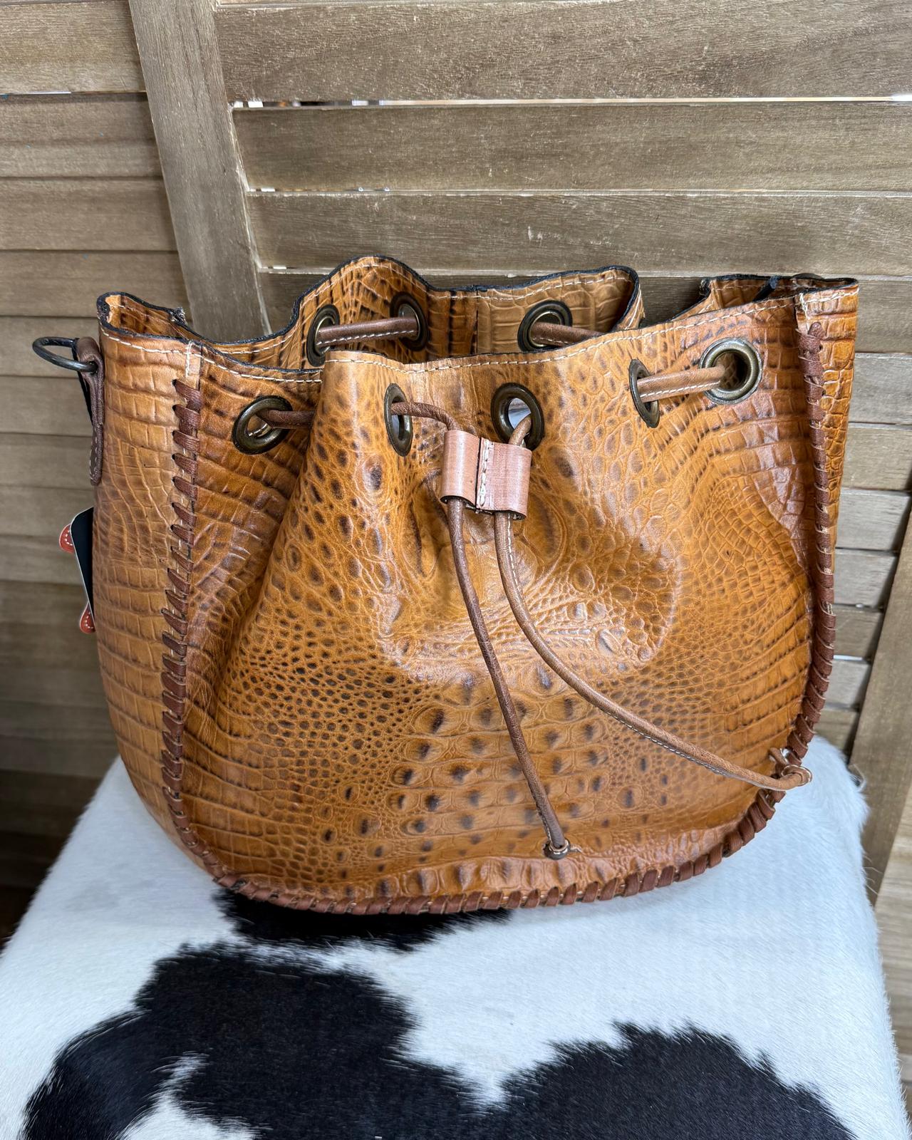Brown Caiman Drawstring Bucket Bag