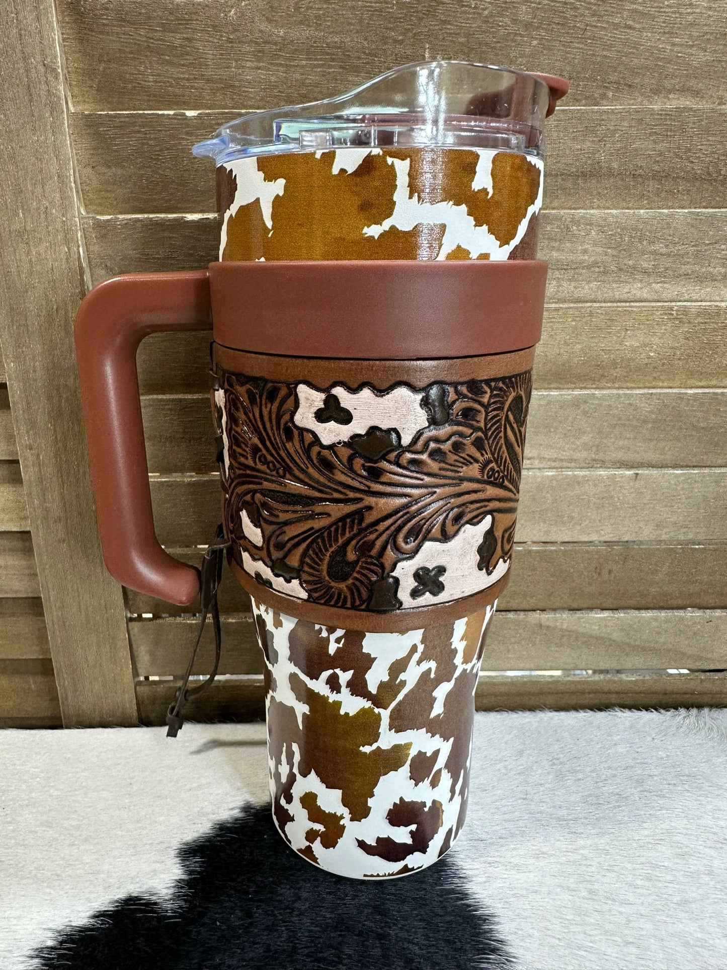 Brown & White Cowprint Tooled Tumbler