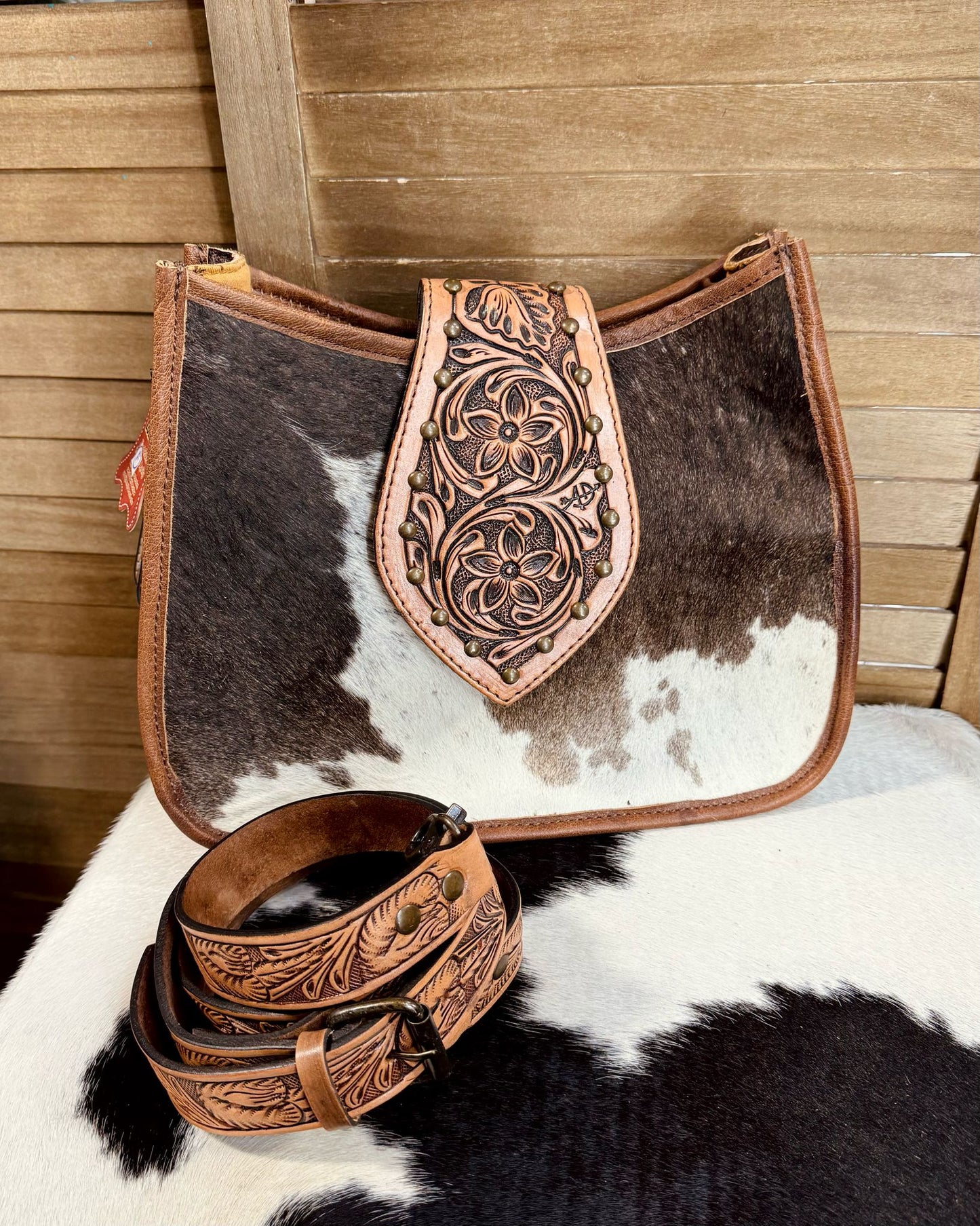 AD Cowhide Studded Flap Crossbody