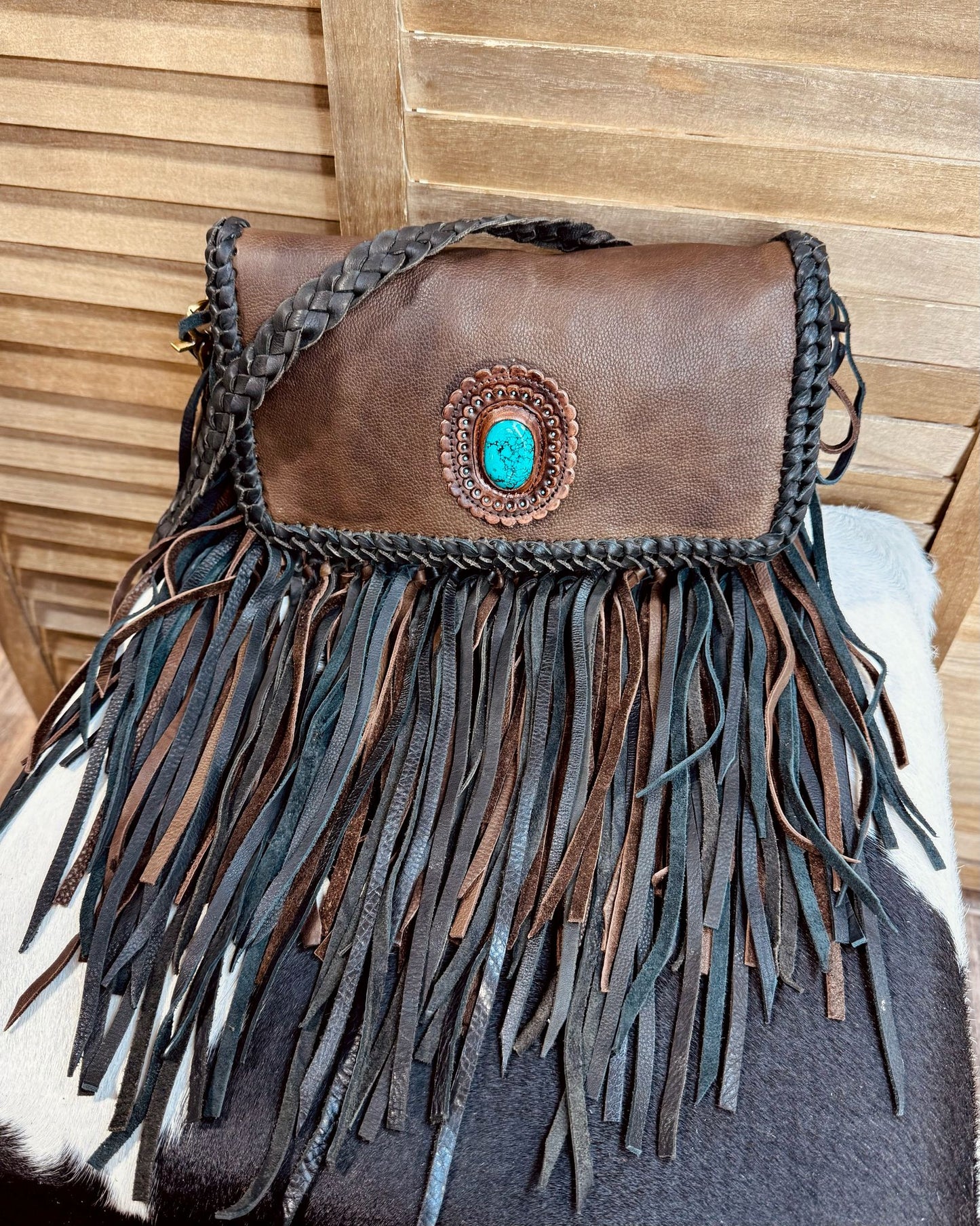 Black & Brown AD Stone Fringe Crossbody