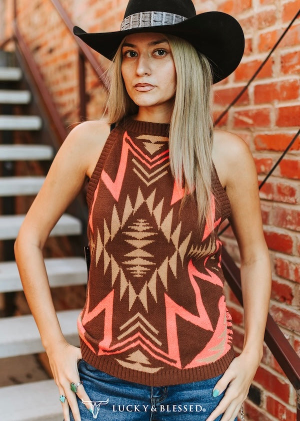 Brown Aztec Halter Knit Top