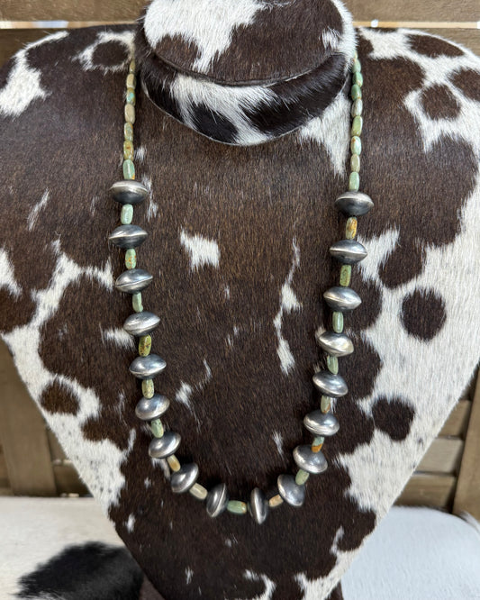 Green Turquoise Stone Saucer Pearl Necklace 20"