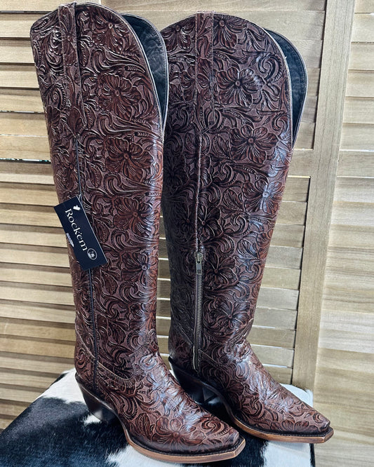 Nancy Brown Tooled Tall Boots *wide calf