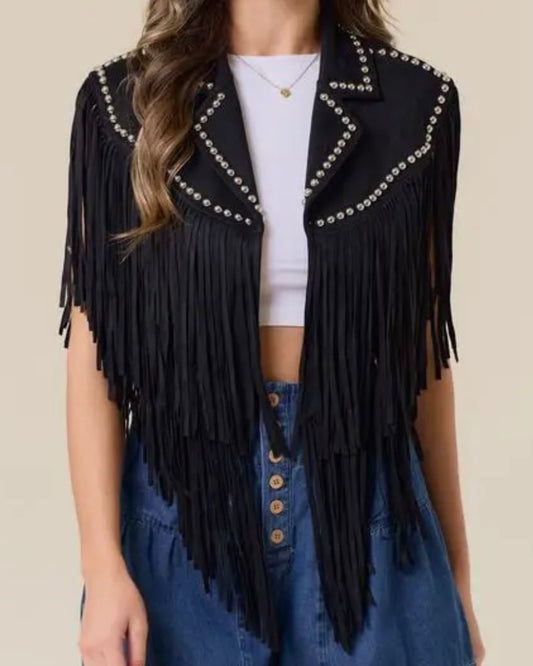 Black Studded Fringe Collar Shoulder Shrug