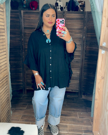 Black Flowy Button Up Top *VERY OVERSIZED