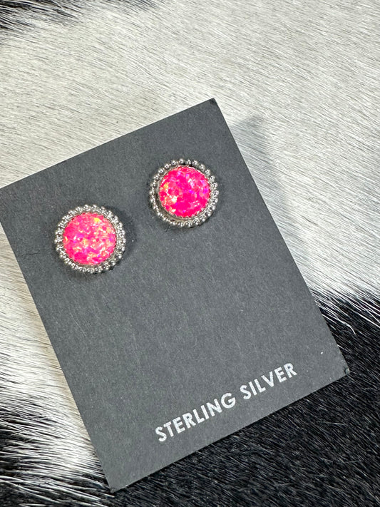 Round Pink Opal Stud