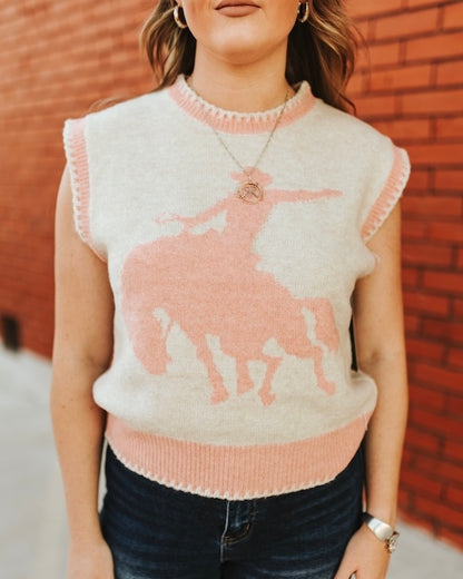Ivory Pink Buckle Horse Sleeveless Sweater