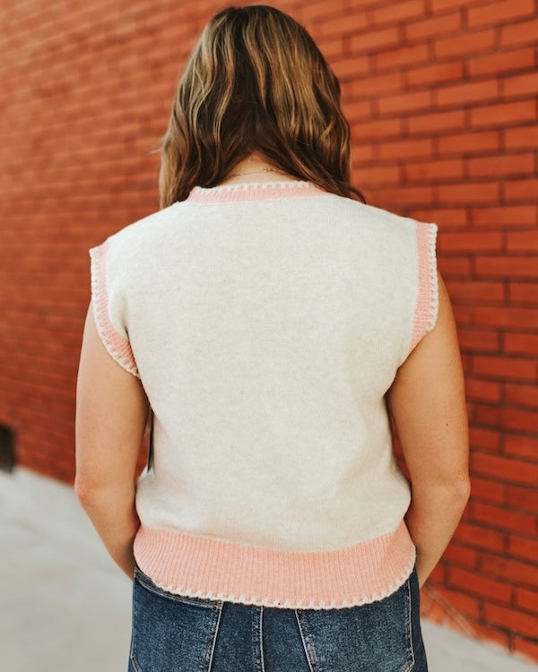 Ivory Pink Buckle Horse Sleeveless Sweater
