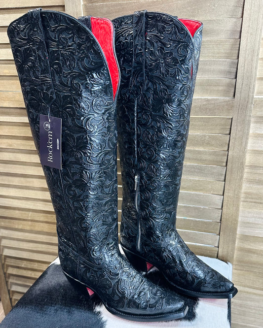 Nancy Black Tooled Tall Boots *Wide Calf