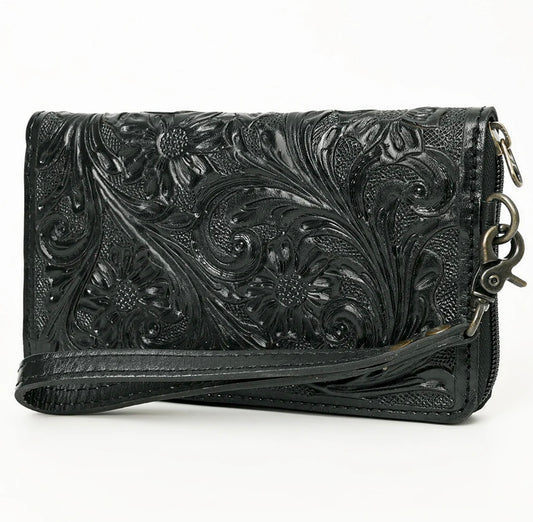 AD Black Tooled Zipper Wallet