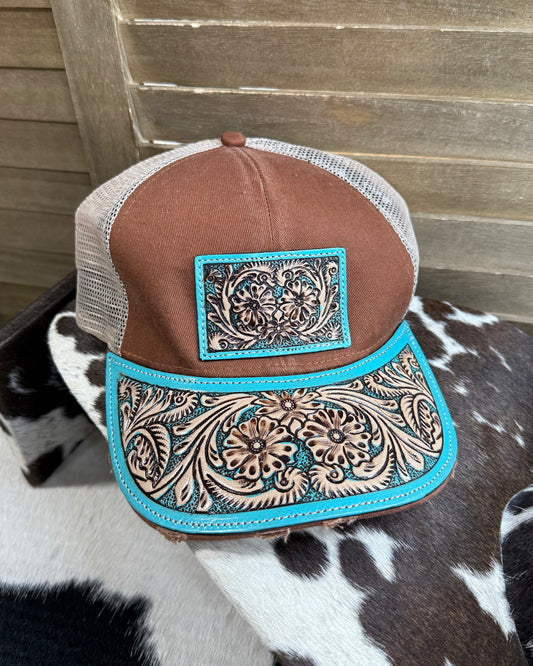 Tooled Brown Turquoise Cap