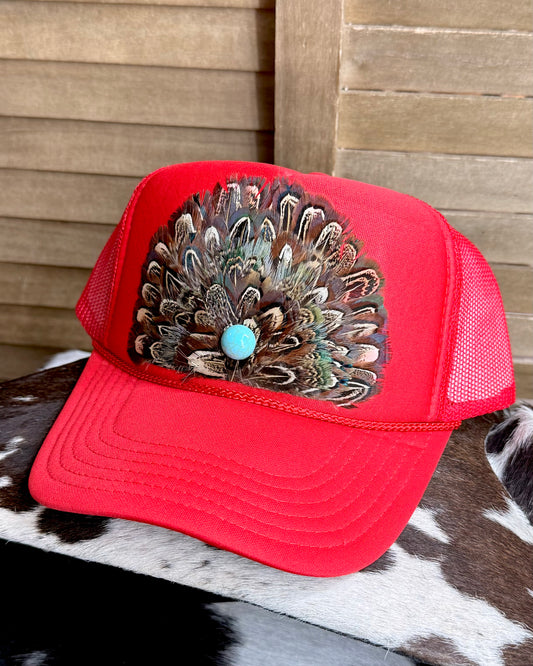 Fire Red Feather Trucker Cap