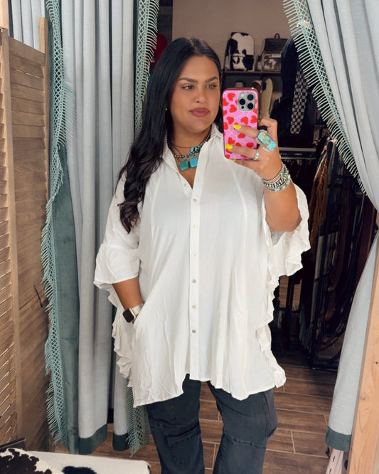 White Flowy Button Up Top *VERY OVERSIZED