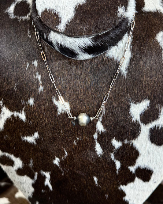 Genuine Silver Paper Clip Chain Single Pearl Necklace