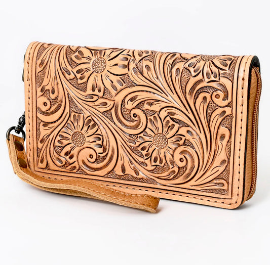 Brown Tooled Zipper Wallet