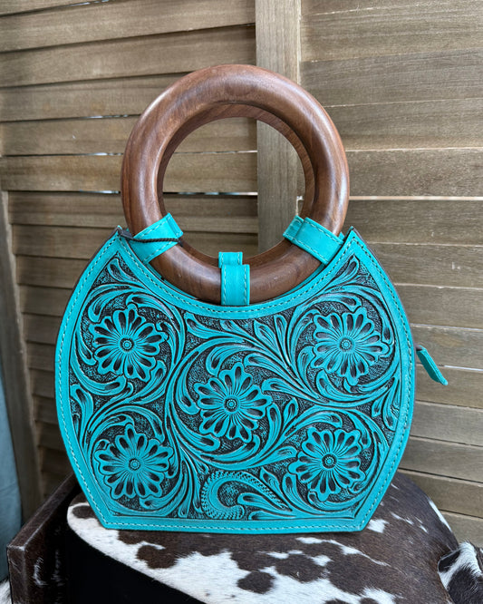 Wooden Handle Tooled Bag