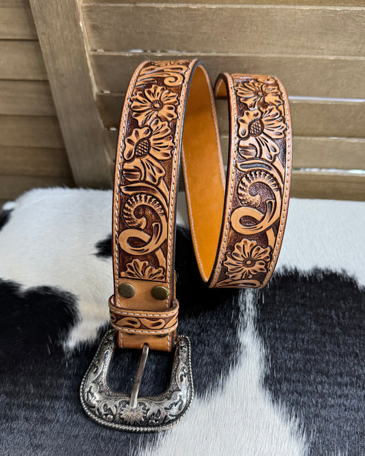 Floral Tooled Belt *Genuine Leather