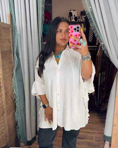 White Flowy Button Up Top *VERY OVERSIZED