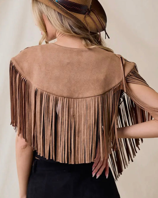 Camel Fringe Collar Shoulder Shrug
