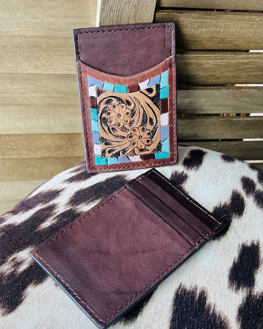 Tooled Leather Turquoise Card Holder