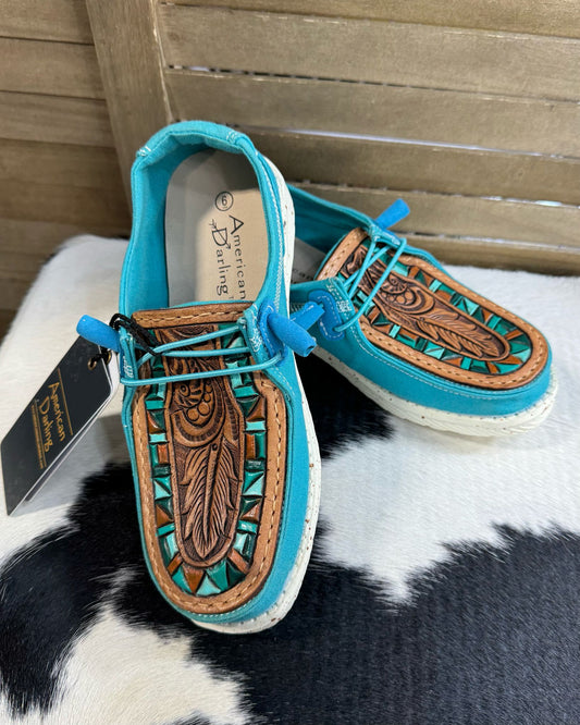 American Darling Feather Tooled Turquoise Shoes