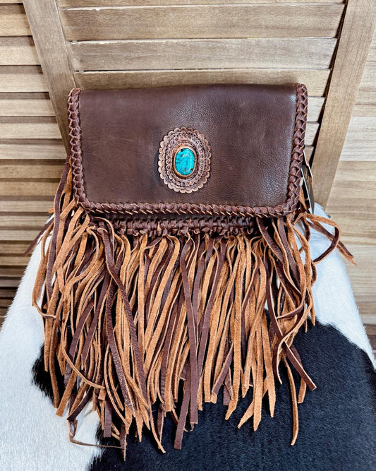 Brown AD Stone Fringe Crossbody
