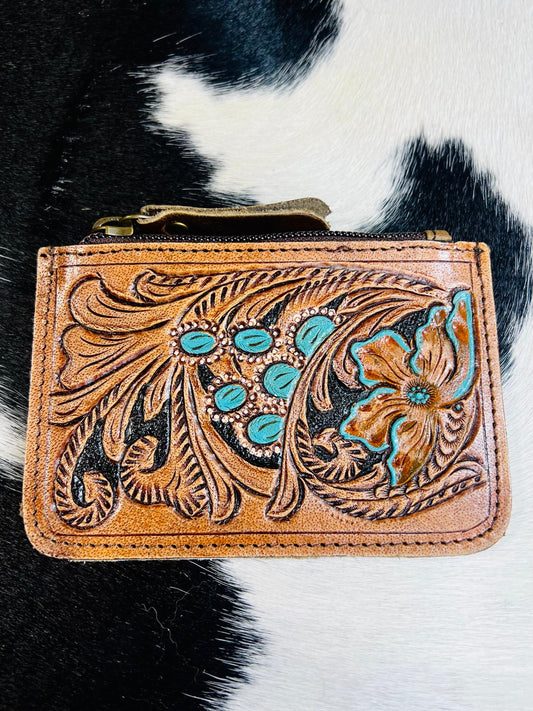 Tooled Turquoise Cowhide Coin Wrislet
