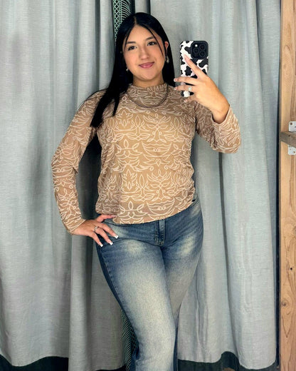 Beige Boot Stitch Mesh Top